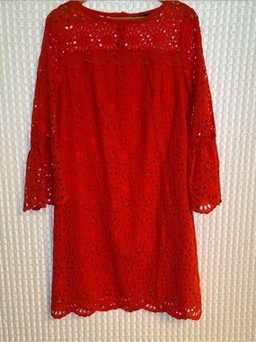 JCrew Bright Orange Eyelet Cutout Shift Dress with Bell Sleeves